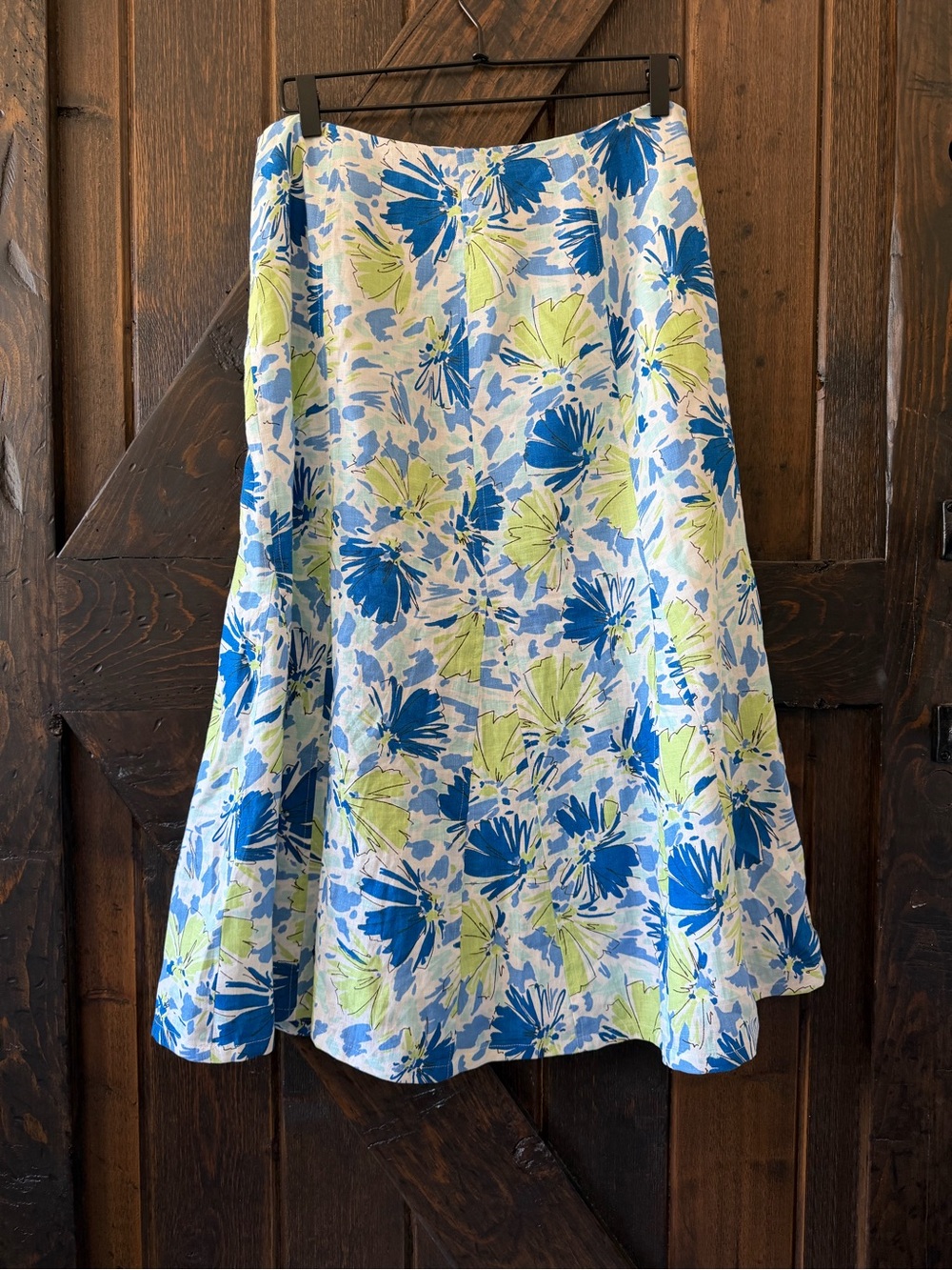 Kim Rogers 100% Linen Floral A-Line Midi Skirt Women’s Size 14 Blue Green Flare